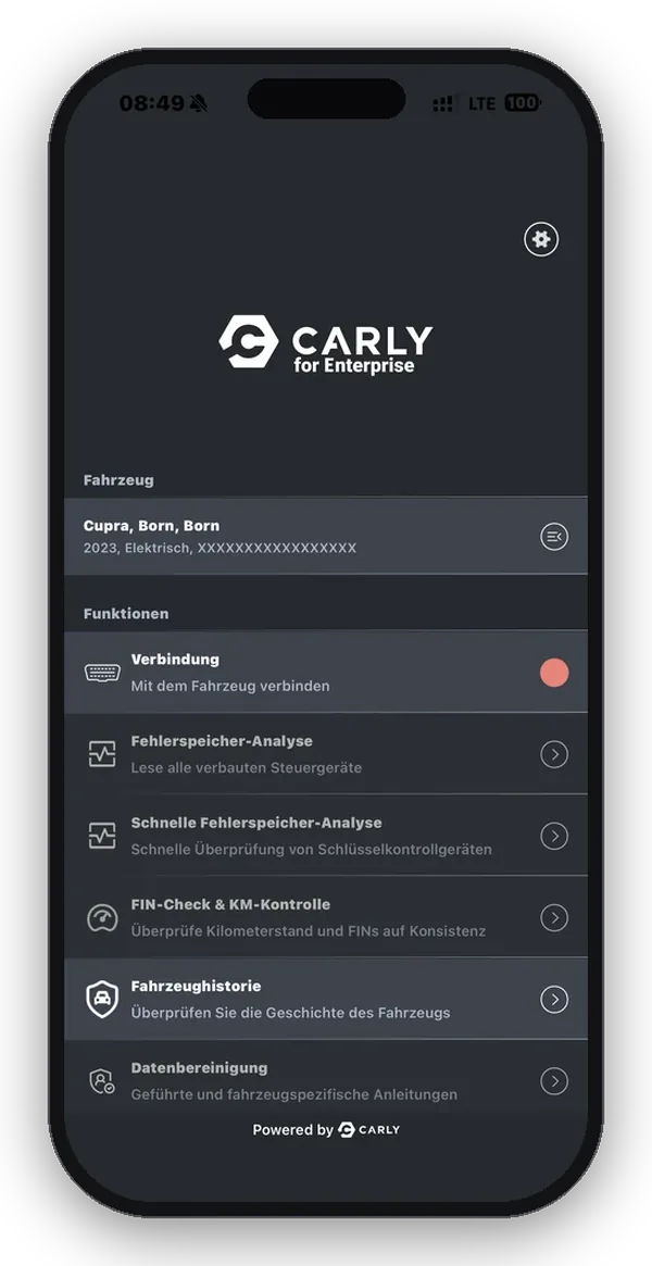 Carly Enterprise app — feature overview after connecting a vehicle