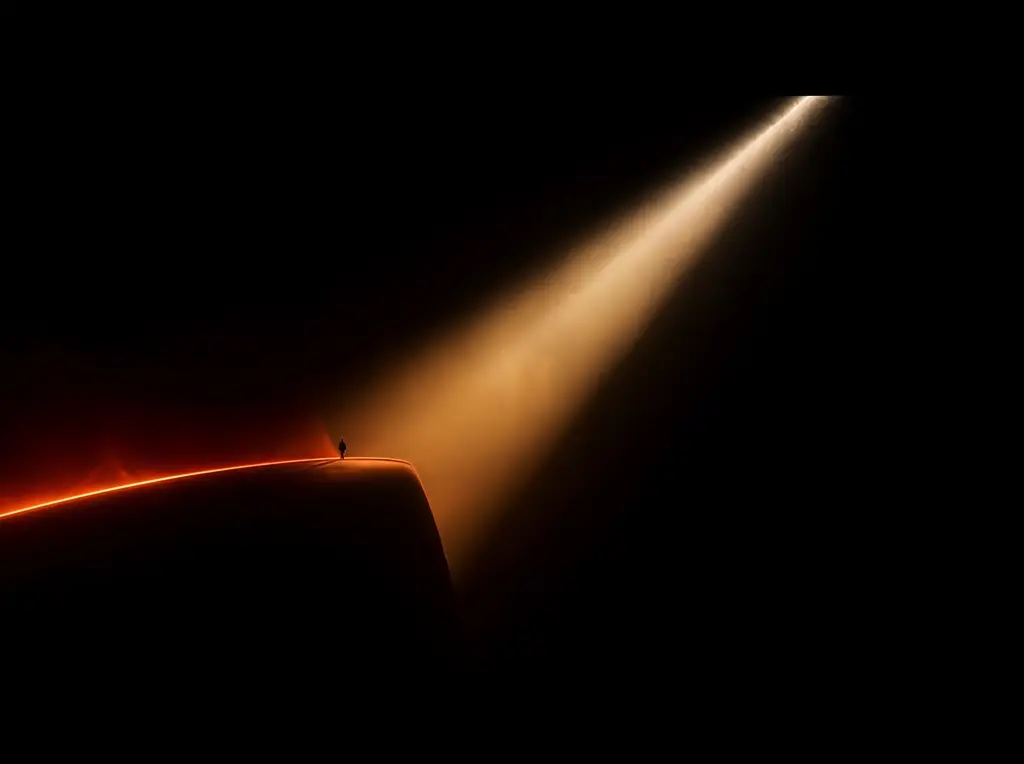 A lone figure standing in a shaft of warm light on a glowing ridge